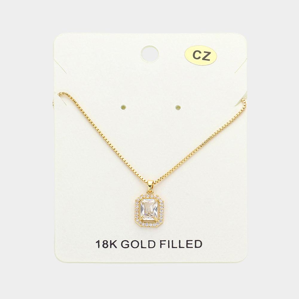 Gold 18K Gold Filled CZ Stone Square Pendant Necklace