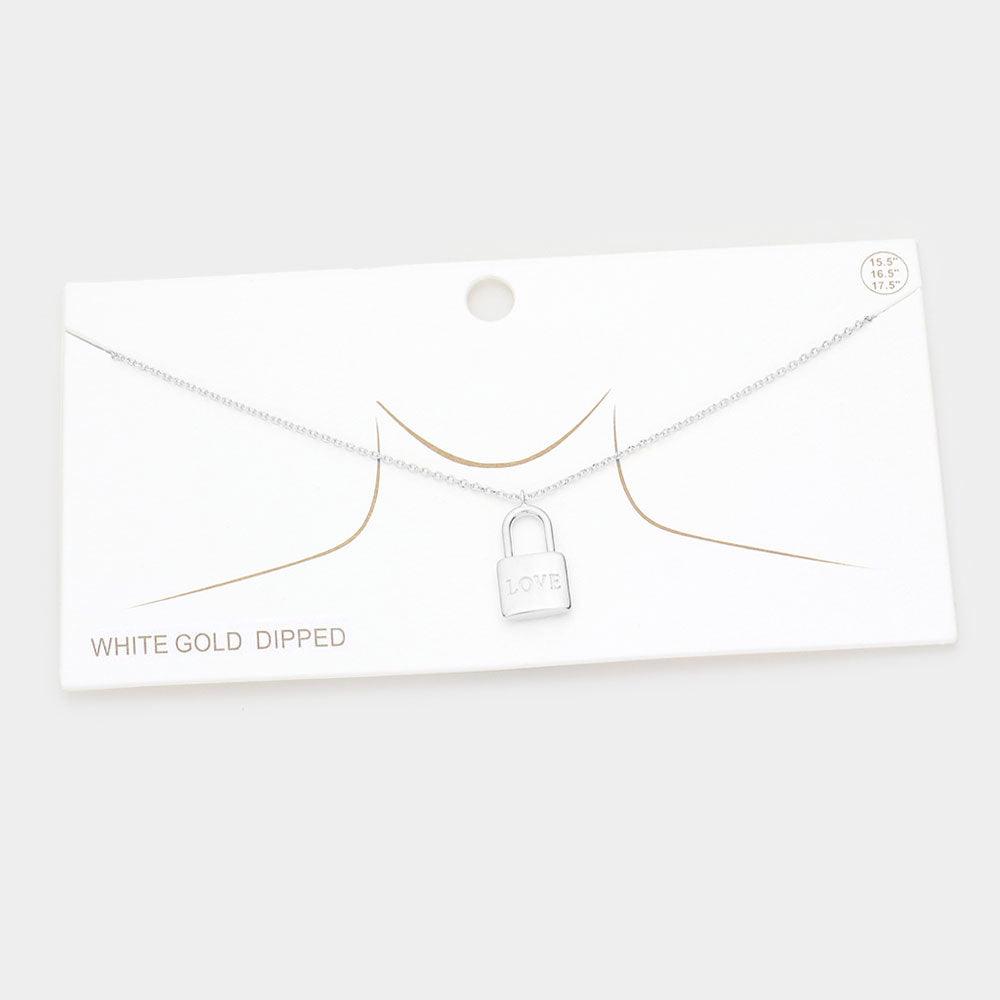 Gold LOVE White Gold Dipped Metal Lock Pendant Necklace