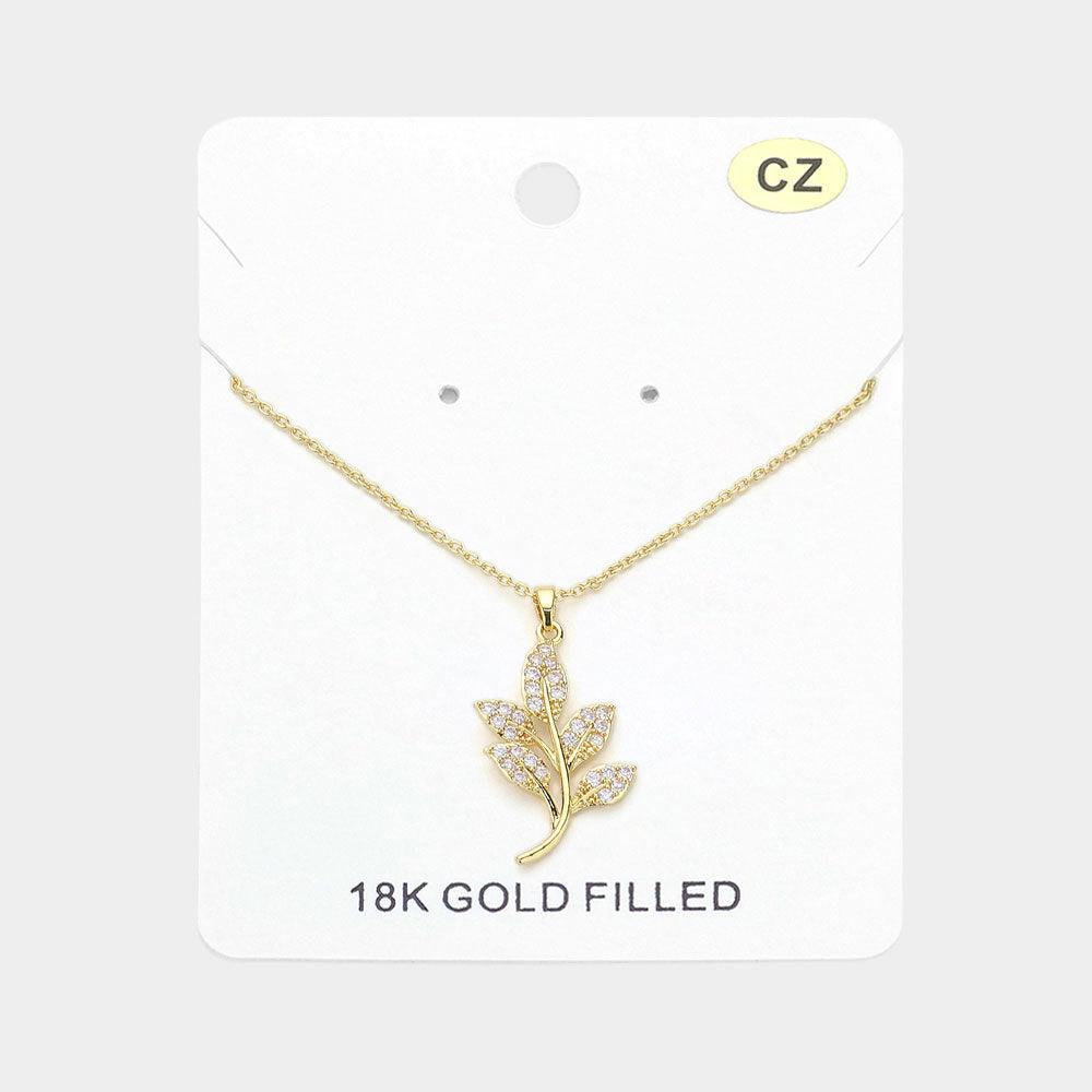 Gold 18K Gold Filled CZ Stone Paved Leaf Pendant Necklace