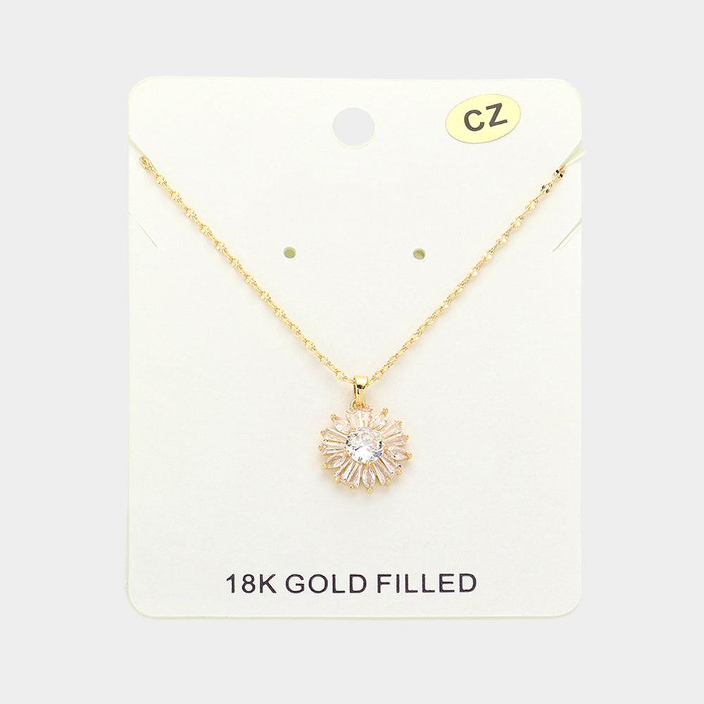 Gold 18K Gold Filled CZ Stone Flower Pendant Necklace