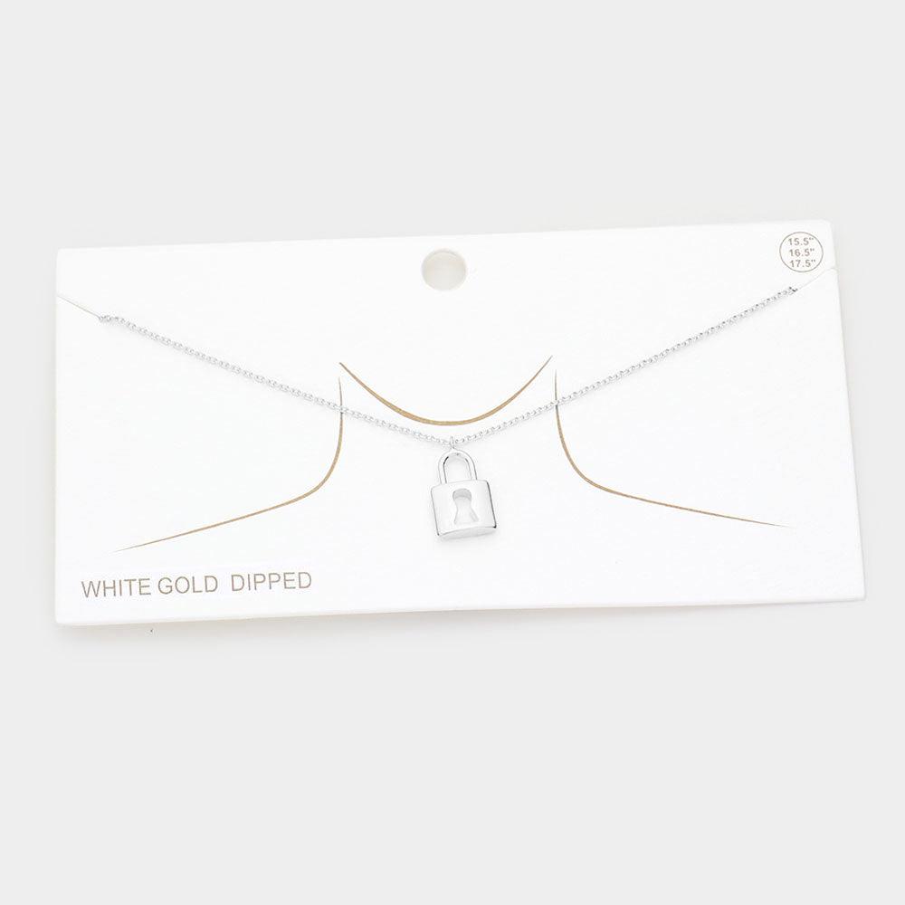 Gold White Gold Dipped Metal Lock Pendant Necklace