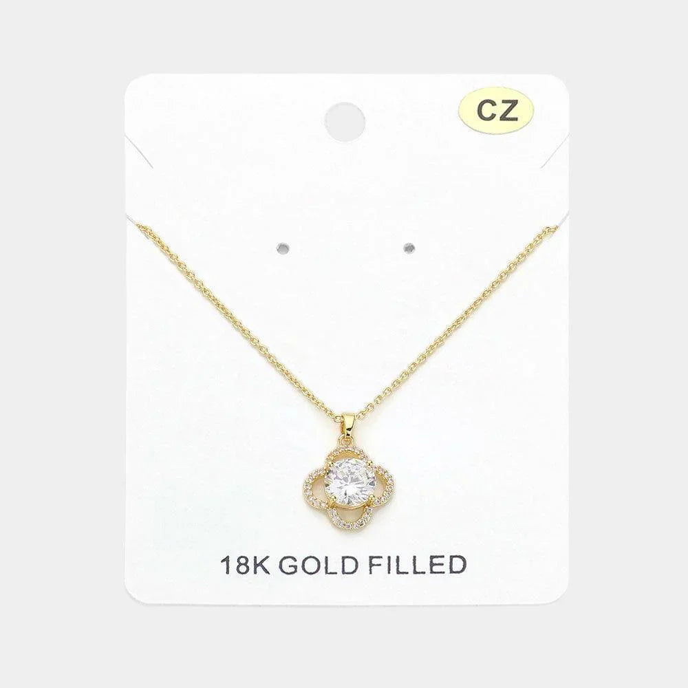Gold 18K Gold Filled Round CZ Stone Pointed Quatrefoil Pendant Necklace - Jewelry Store by Erik Rayo