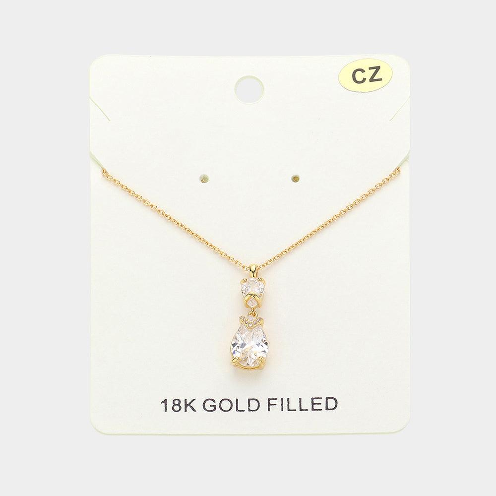 Gold 18K Gold Filled CZ Teardrop Stone Pendant Necklace