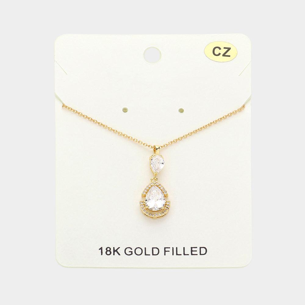 Gold 18K Gold Filled CZ Teardrop Stone Pendant Necklace