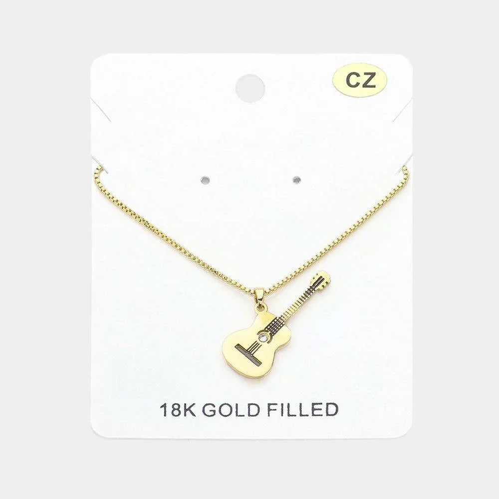 Gold 18K Gold Filled CZ Stone Pointed Guitar Plate Pendant Necklace - Jewelry Store by Erik Rayo