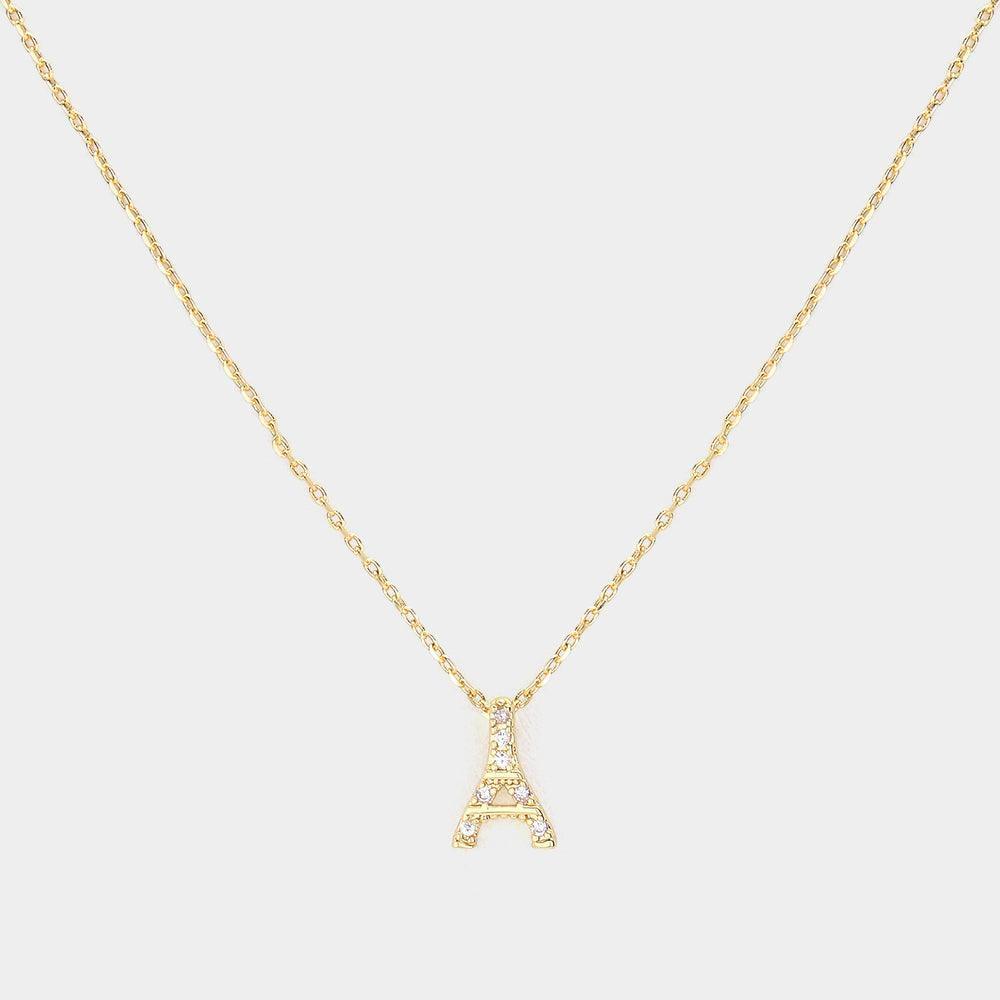 Gold Brass Metal Stone Paved Eiffel Tower Pendant Necklace - Jewelry Store by Erik Rayo