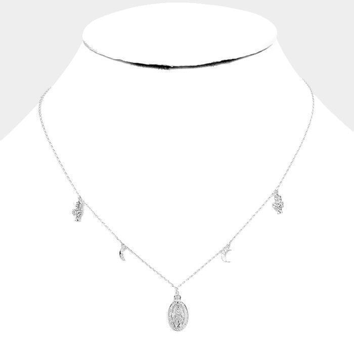 White 24K White Gold Dipped Saint Mary CZ Moon Necklace - Jewelry Store by Erik Rayo