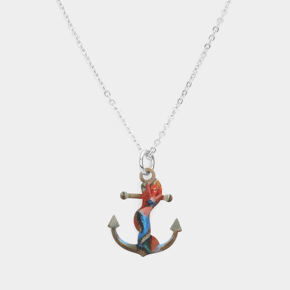 Silver Mermaid Printed Anchor Pendant Necklace - Jewelry Store by Erik Rayo