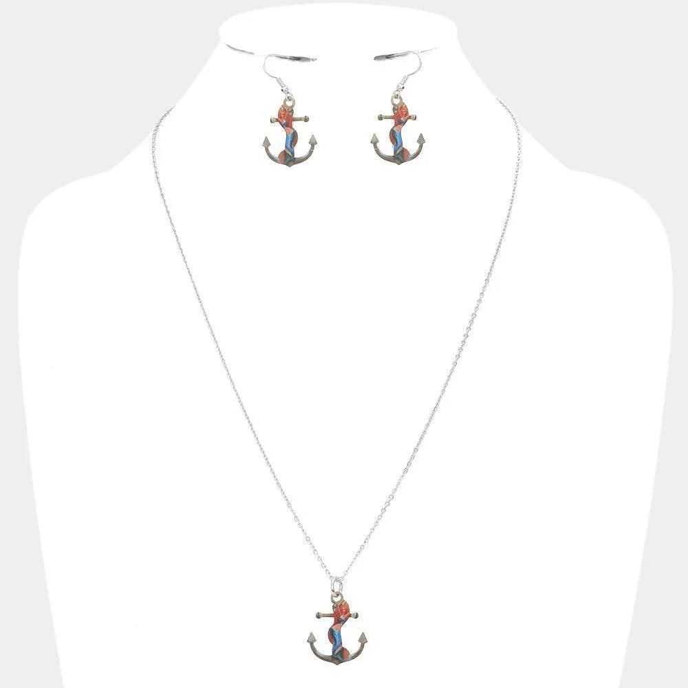 Silver Mermaid Printed Anchor Pendant Necklace - Jewelry Store by Erik Rayo