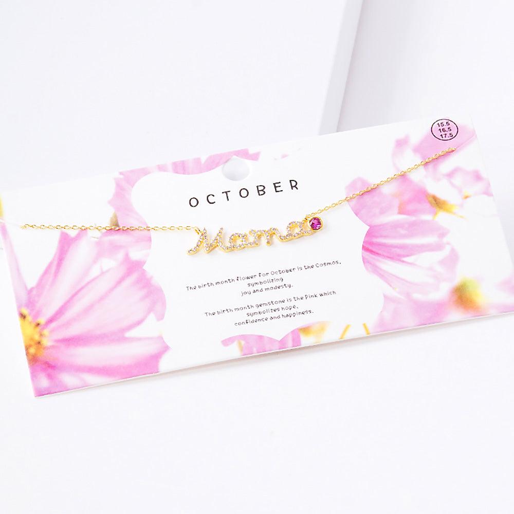 Gold October Birthstone MAMA Message Pendant Necklace