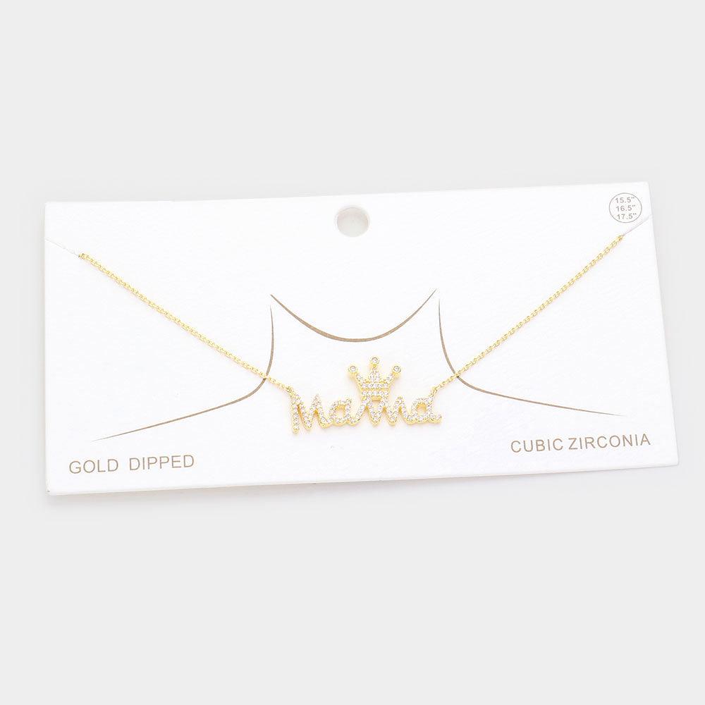 Gold Gold Dipped CZ Crown MAMA Message Pendant Necklace