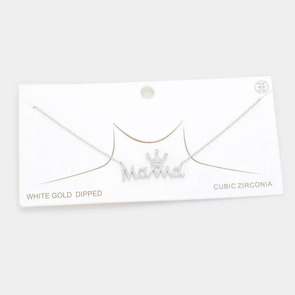 Gold White Gold Dipped CZ Crown MAMA Message Pendant Necklace - Jewelry Store by Erik Rayo