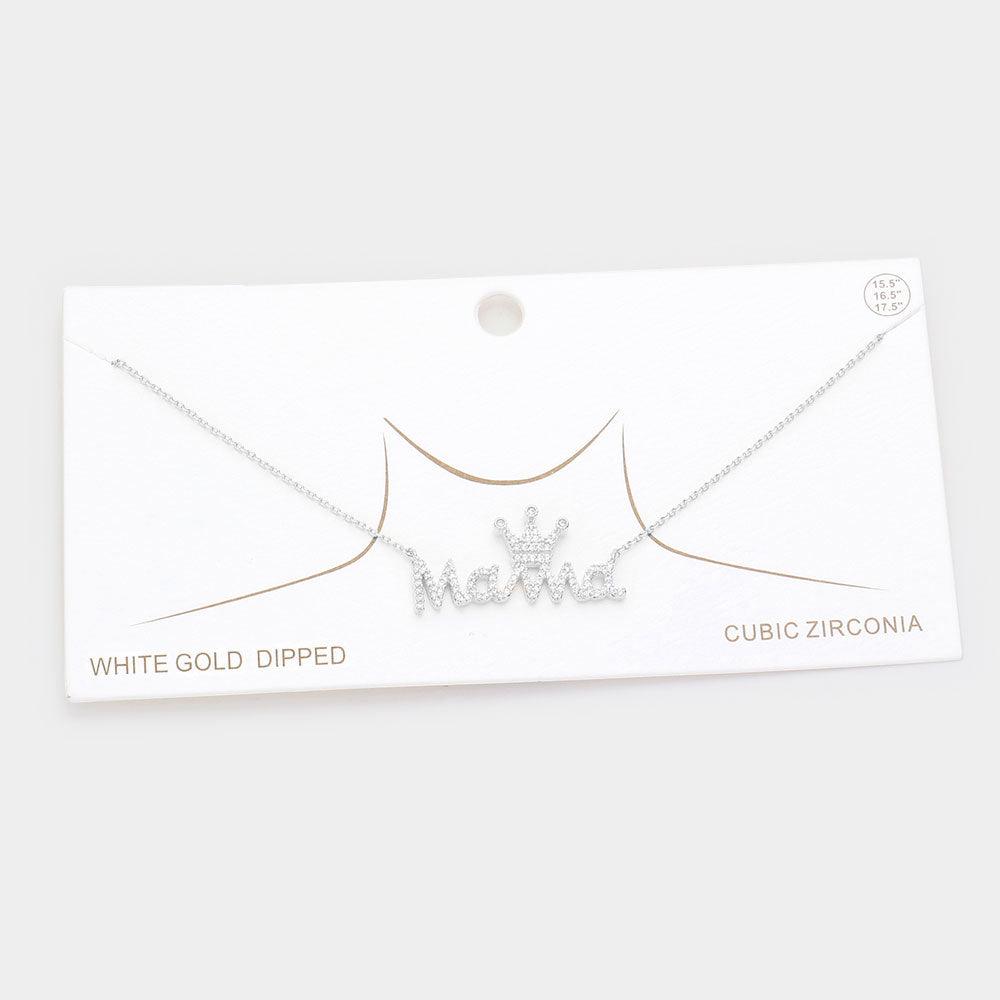 Gold White Gold Dipped CZ Crown MAMA Message Pendant Necklace