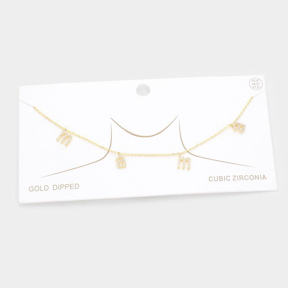 Gold Gold Dipped CZ MAMA Message Pendant Necklace