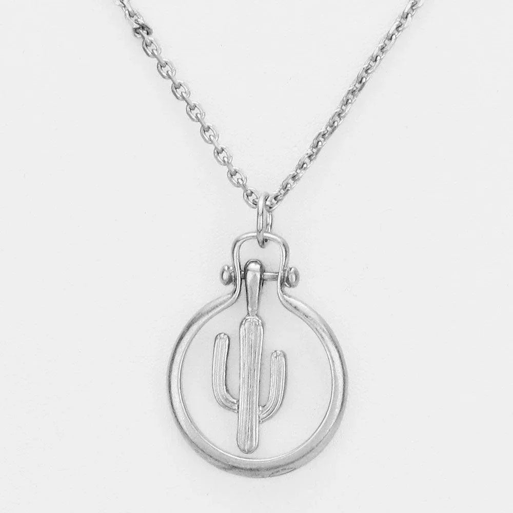 Silver Cactus Metal Open Circle Pendant Necklace - Jewelry Store by Erik Rayo