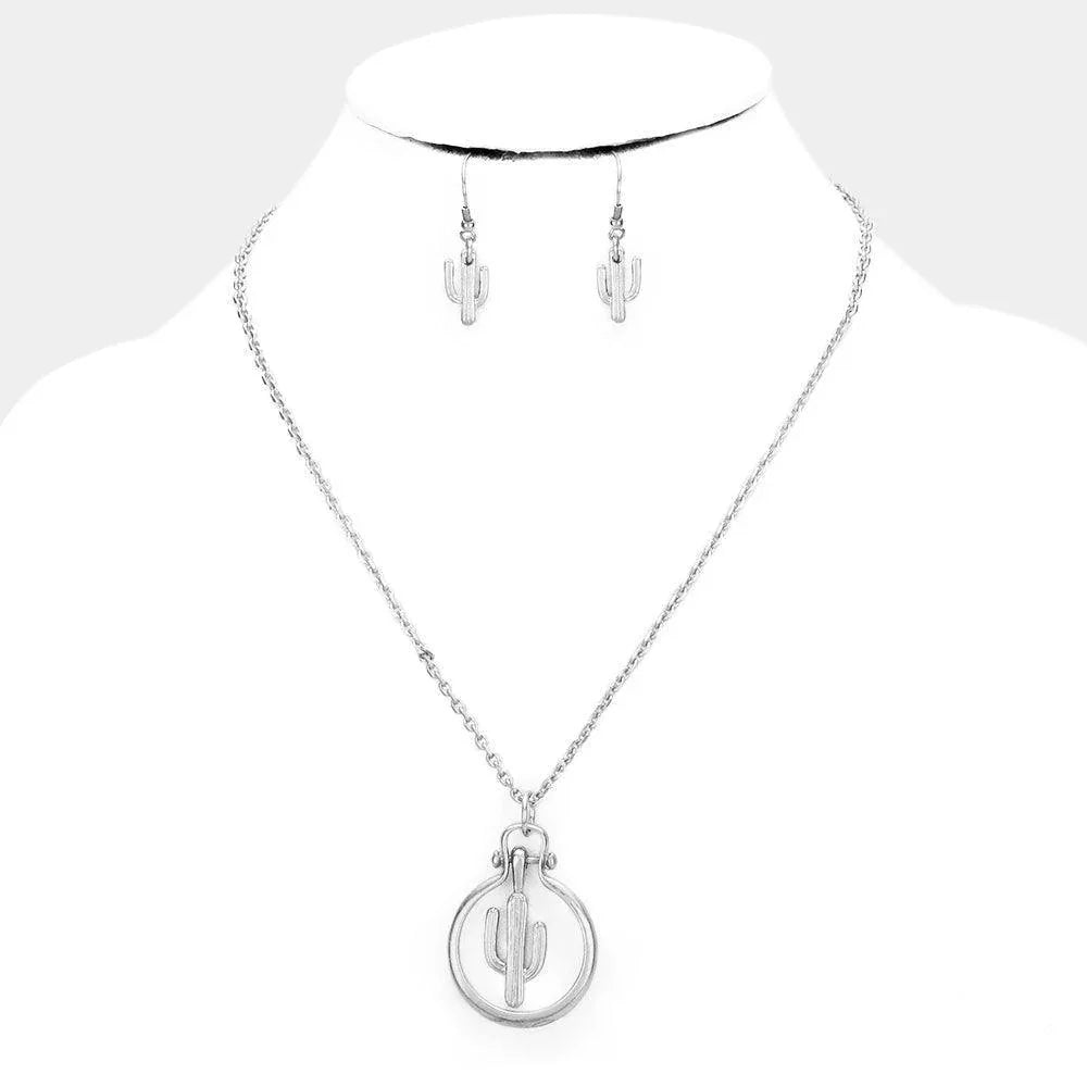 Silver Cactus Metal Open Circle Pendant Necklace - Jewelry Store by Erik Rayo