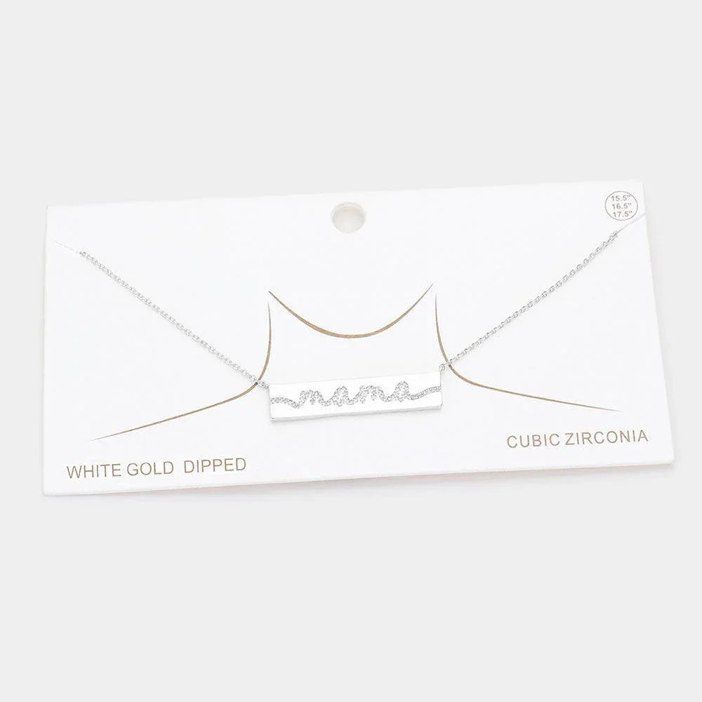 Gold White Gold Dipped CZ MAMA Message Metal Bar Pendant Necklace - Jewelry Store by Erik Rayo