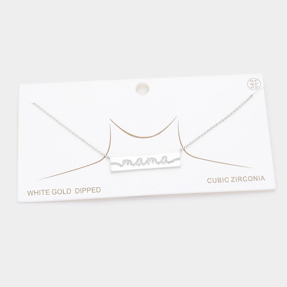 Gold White Gold Dipped CZ MAMA Message Metal Bar Pendant Necklace