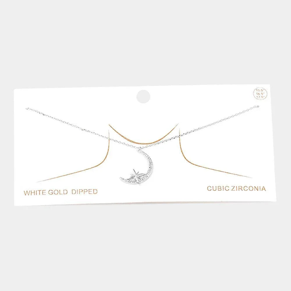 Gold White Gold Dipped CZ Embellished Metal North Star Crescent Moon Pendant Necklace - Jewelry Store by Erik Rayo