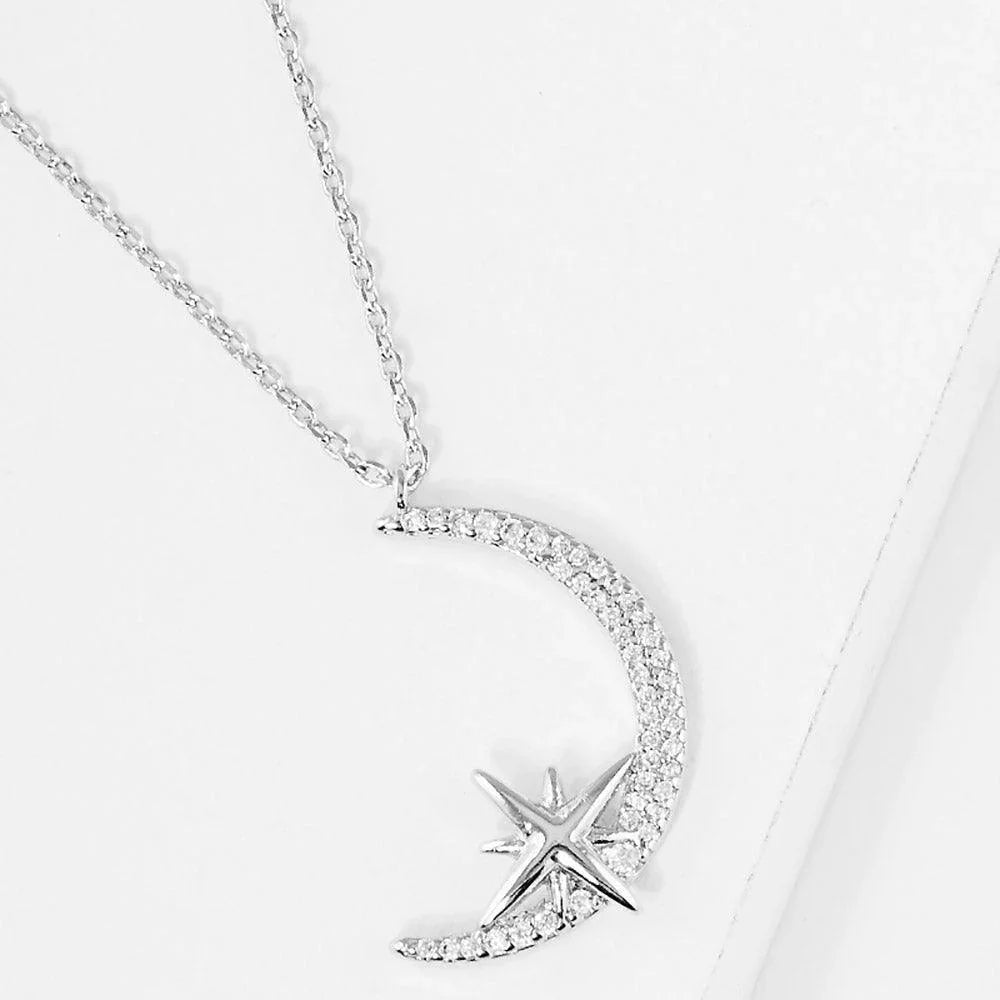 Gold White Gold Dipped CZ Embellished Metal North Star Crescent Moon Pendant Necklace - Jewelry Store by Erik Rayo