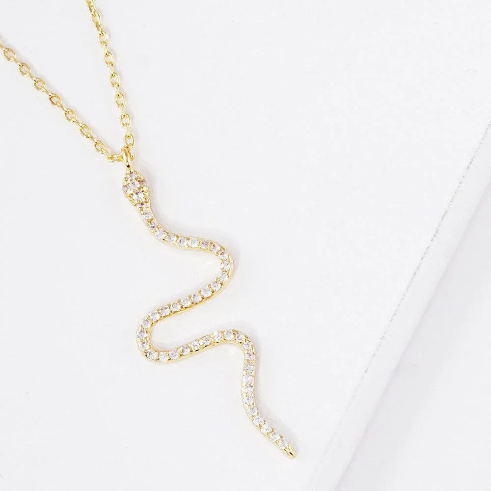 Gold Gold Dipped CZ Embellished Metal Snake Pendant Necklace - Jewelry Store by Erik Rayo