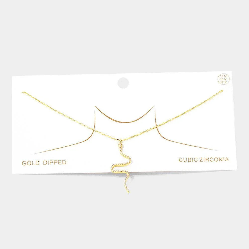 Gold Gold Dipped CZ Embellished Metal Snake Pendant Necklace - Jewelry Store by Erik Rayo