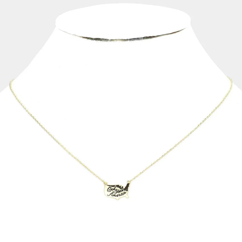 Gold Brass Metal God Bless America USA Map Pendant Necklace - Jewelry Store by Erik Rayo