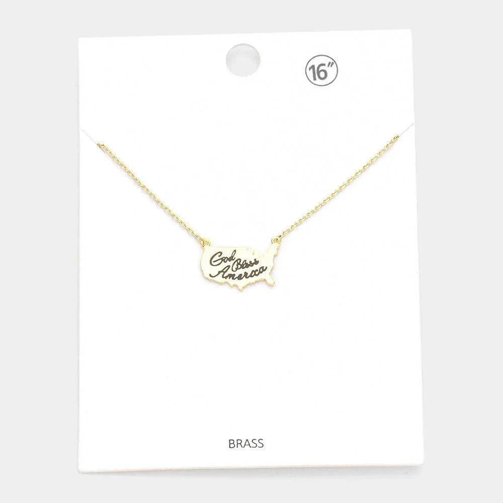 Gold Brass Metal God Bless America USA Map Pendant Necklace - Jewelry Store by Erik Rayo