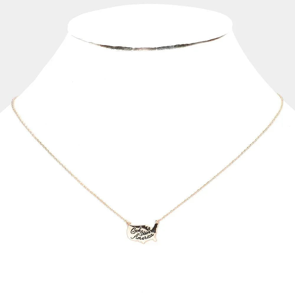Rose Gold Brass Metal God Bless America USA Map Pendant Necklace - Jewelry Store by Erik Rayo