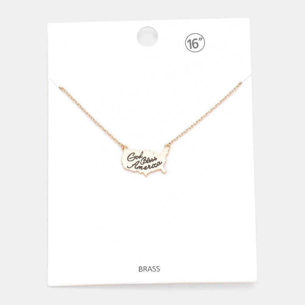 Rose Gold Brass Metal God Bless America USA Map Pendant Necklace - Jewelry Store by Erik Rayo