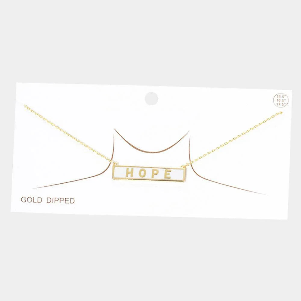 White HOPE Gold Dipped Enamel Rectangle Message Pendant Necklace - Jewelry Store by Erik Rayo