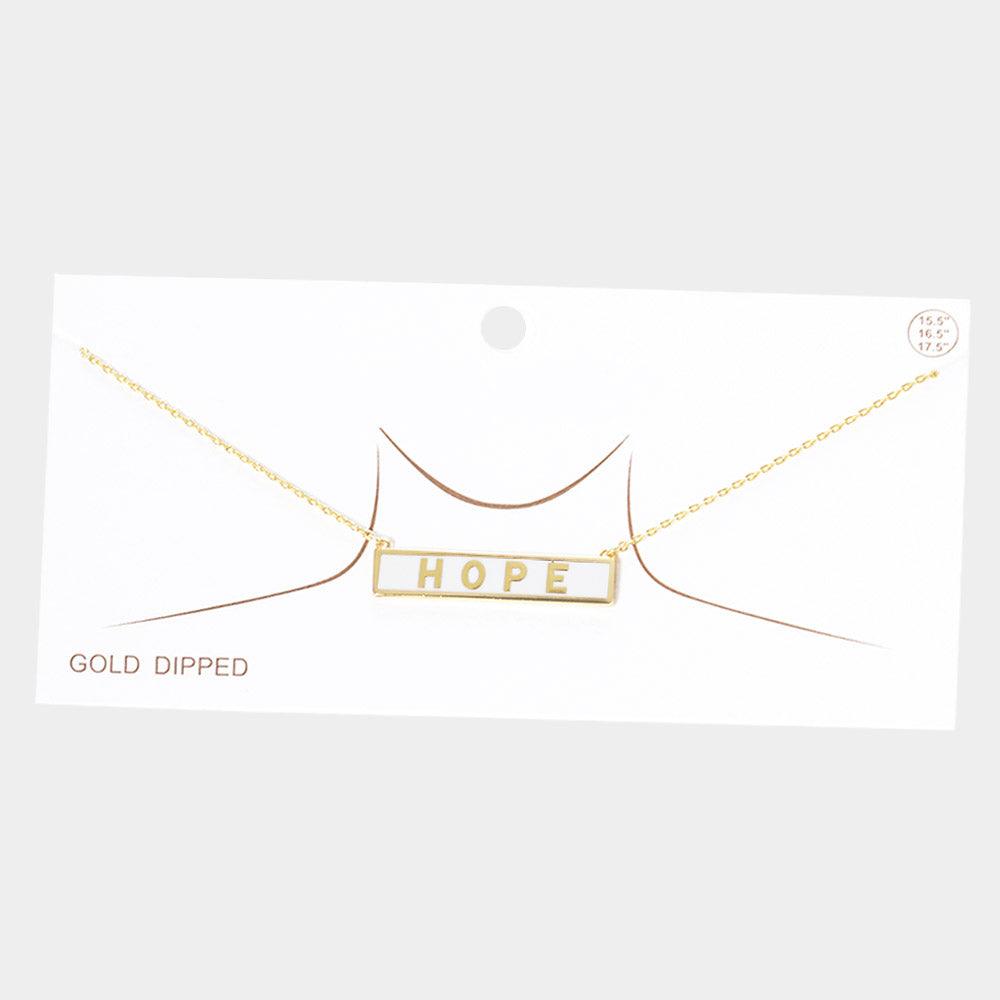 White HOPE Gold Dipped Enamel Rectangle Message Pendant Necklace