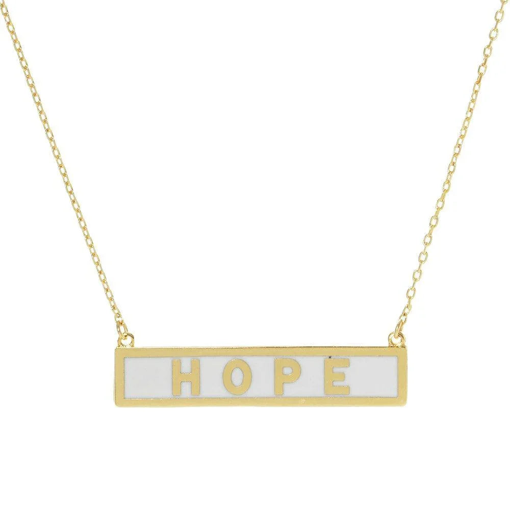White HOPE Gold Dipped Enamel Rectangle Message Pendant Necklace - Jewelry Store by Erik Rayo
