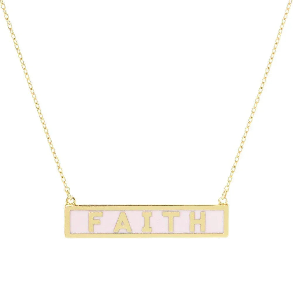 Pink FAITH Gold Dipped Enamel Rectangle Message Pendant Necklace - Jewelry Store by Erik Rayo