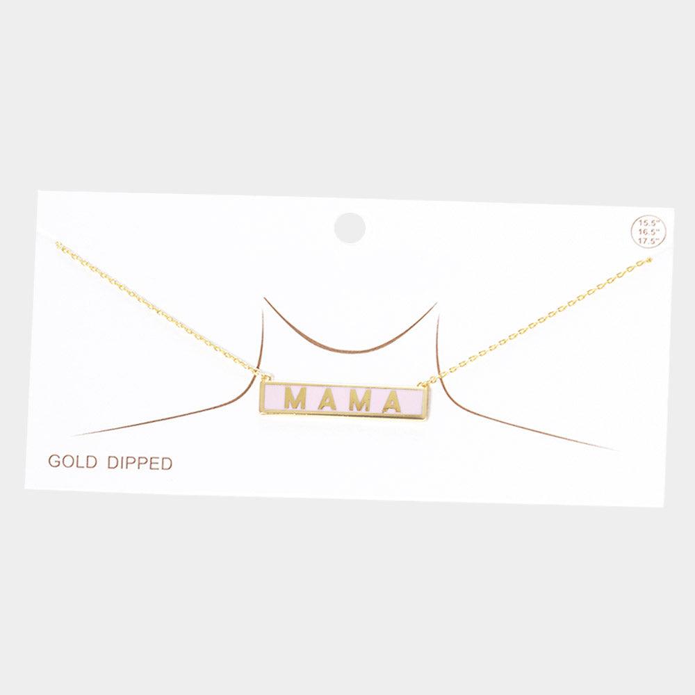 Pink MAMA Gold Dipped Enamel Rectangle Message Pendant Necklace