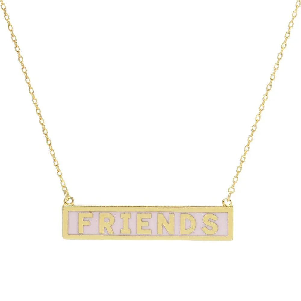 Pink FRIENDS Gold Dipped Enamel Rectangle Message Pendant Necklace - Jewelry Store by Erik Rayo