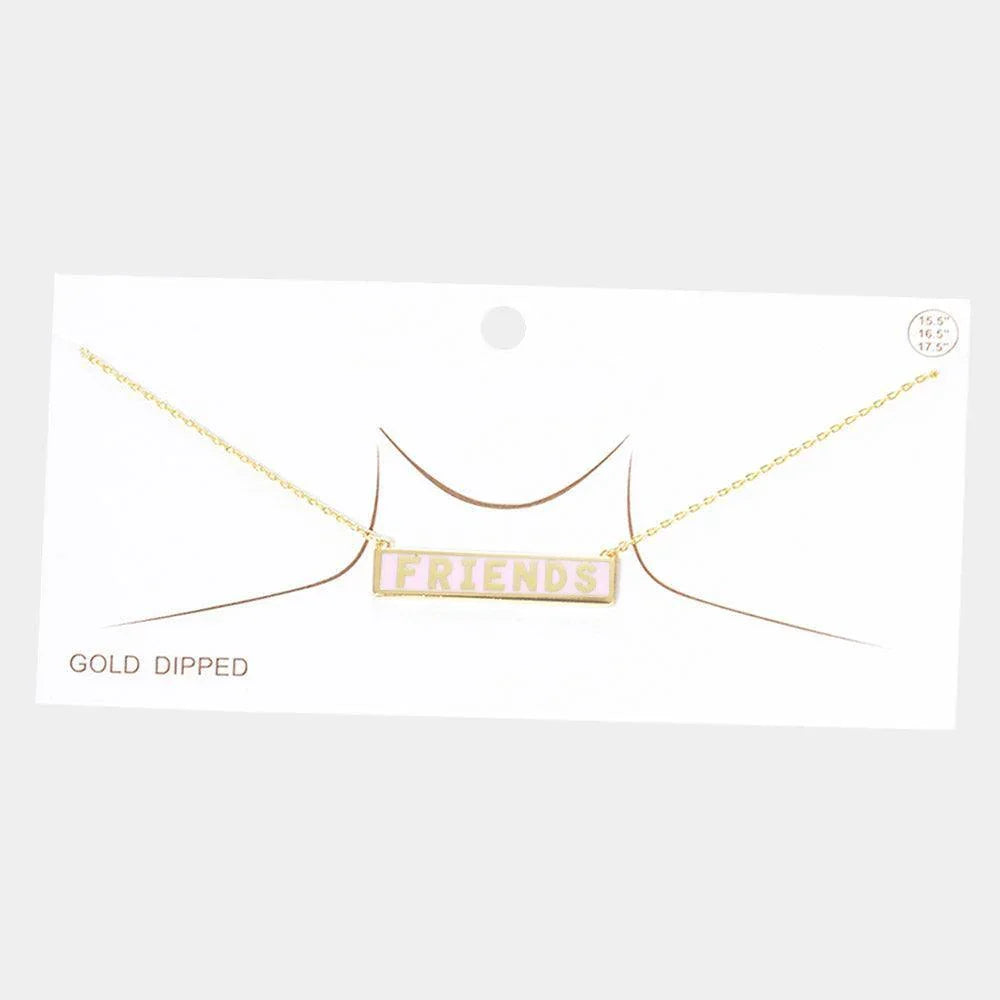 Pink FRIENDS Gold Dipped Enamel Rectangle Message Pendant Necklace - Jewelry Store by Erik Rayo