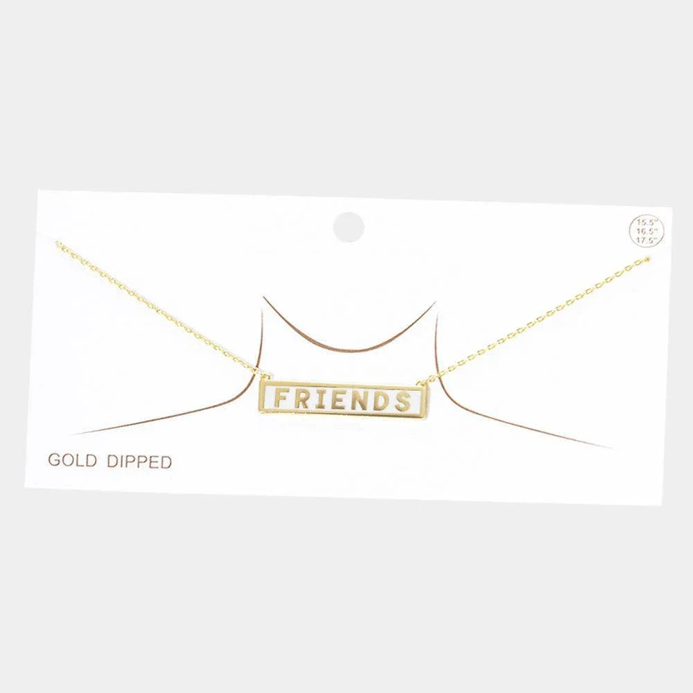 White FRIENDS Gold Dipped Enamel Rectangle Message Pendant Necklace - Jewelry Store by Erik Rayo