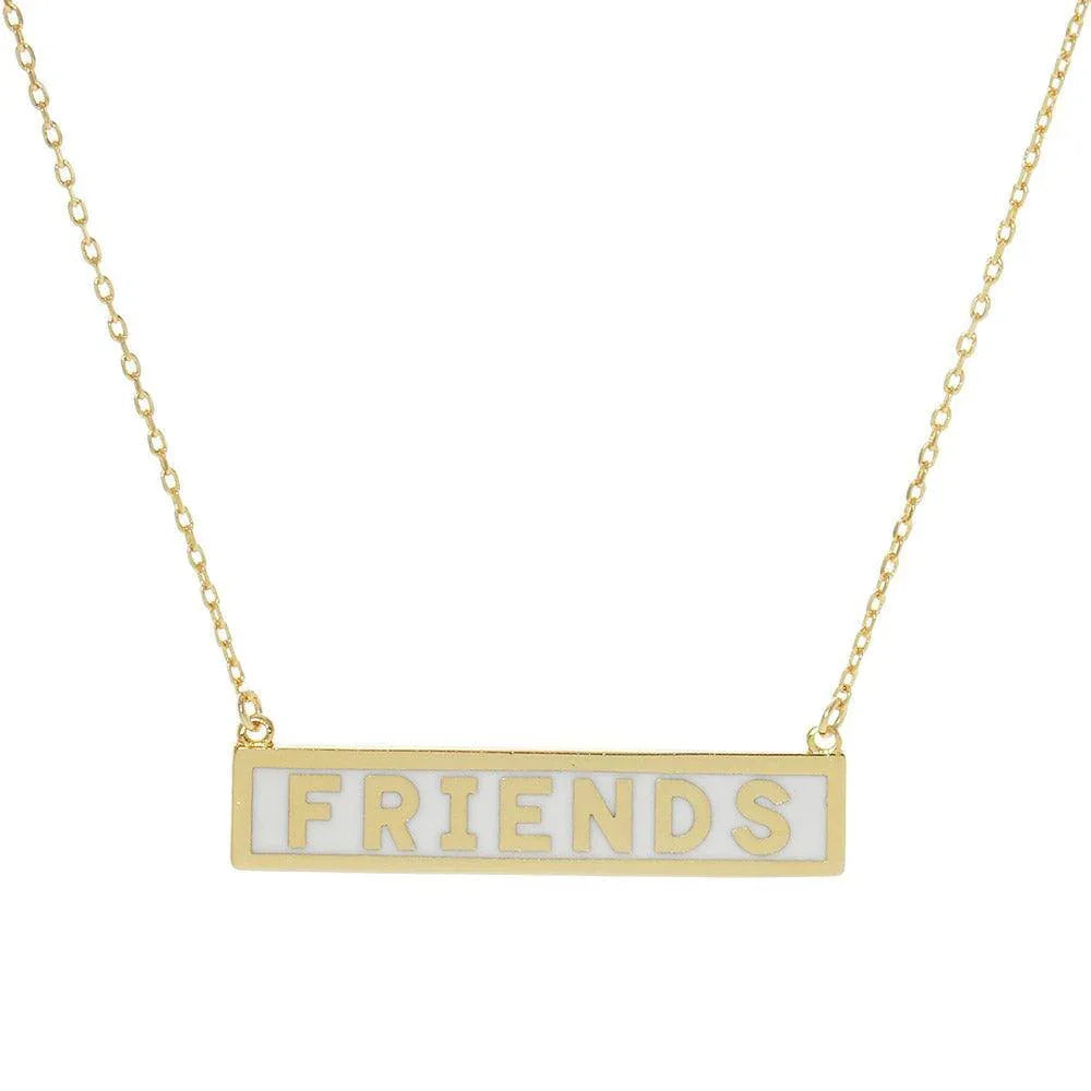 White FRIENDS Gold Dipped Enamel Rectangle Message Pendant Necklace - Jewelry Store by Erik Rayo