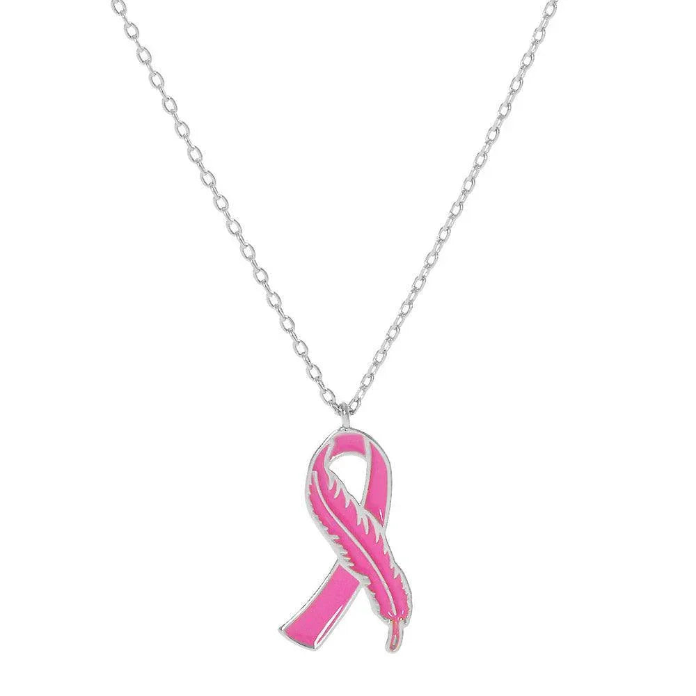 Gold White Gold Dipped Enamel Feather Detailed Pink Ribbon Pendant Necklace - Jewelry Store by Erik Rayo