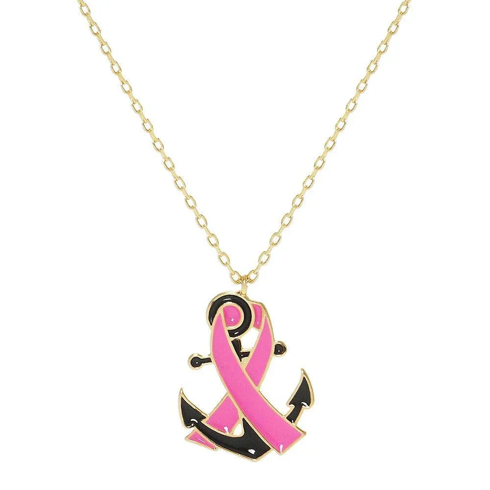 Gold Gold Dipped Enamel Anchor Pink Ribbon Pendant Necklace - Jewelry Store by Erik Rayo