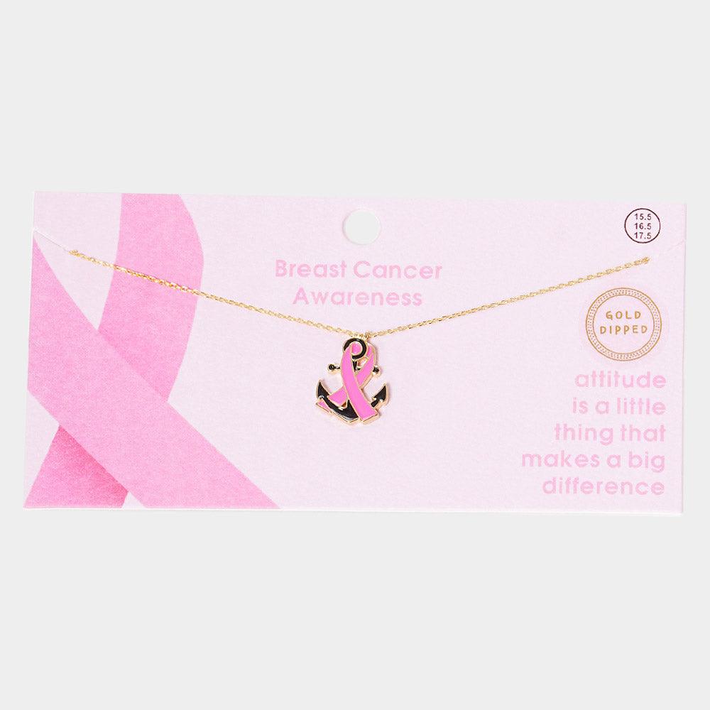 Gold Gold Dipped Enamel Anchor Pink Ribbon Pendant Necklace