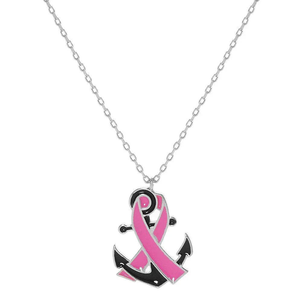 Gold White Gold Dipped Enamel Anchor Pink Ribbon Pendant Necklace - Jewelry Store by Erik Rayo