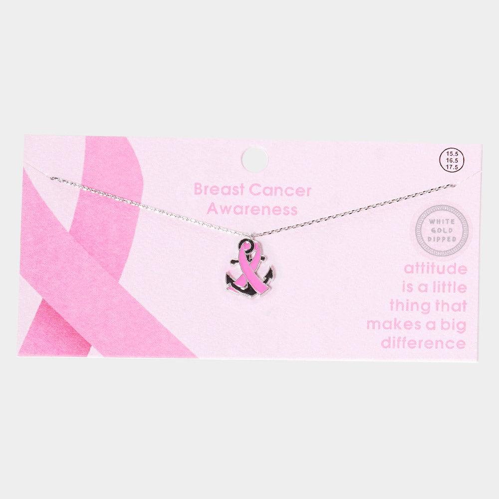 Gold White Gold Dipped Enamel Anchor Pink Ribbon Pendant Necklace