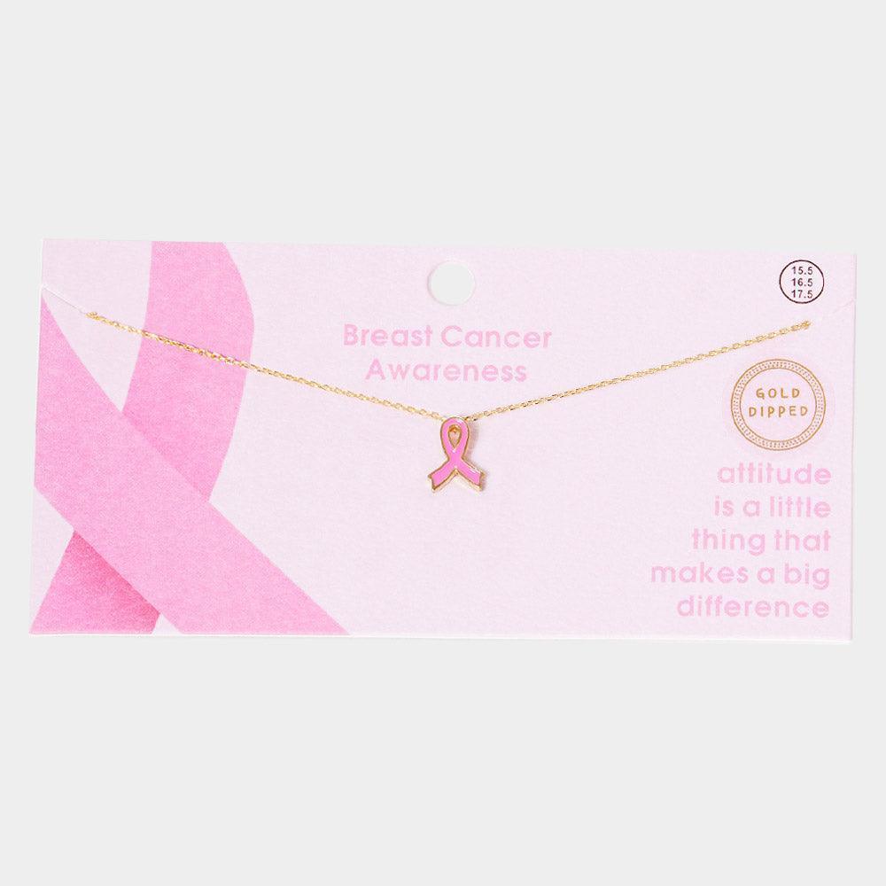 Gold Gold Dipped Enamel Pink Ribbon Pendant Necklace - Jewelry Store by Erik Rayo