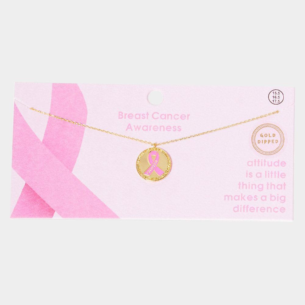 Gold Gold Dipped Enamel Pink Ribbon Accented Metal Disc Pendant Necklace - Jewelry Store by Erik Rayo