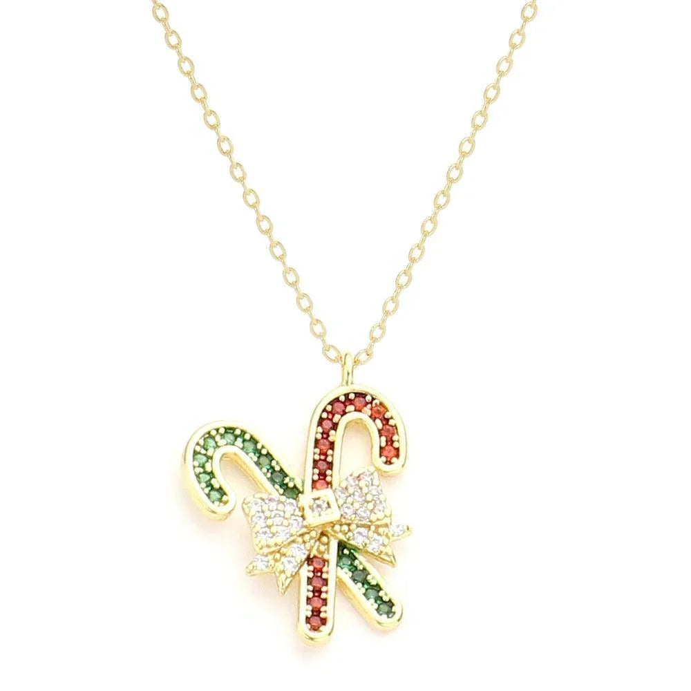 Gold Gold Dipped CZ Bow Candy Cane Pendant Necklace - Jewelry Store by Erik Rayo