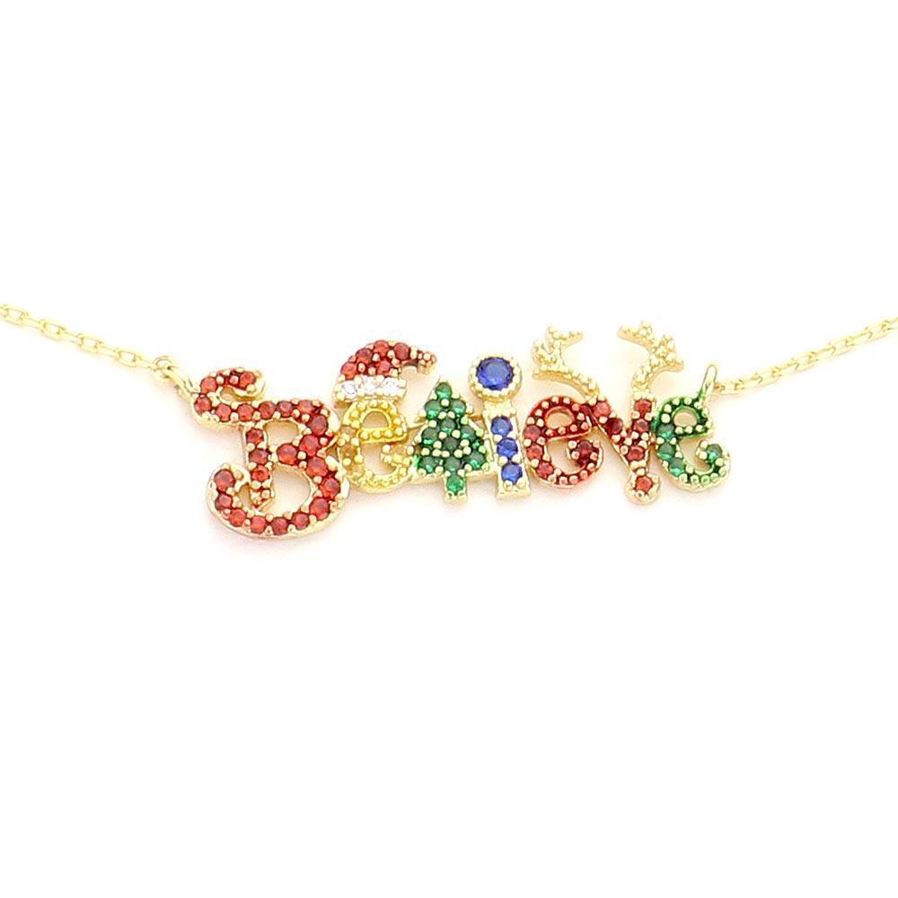 Gold Believe Gold Dipped CZ Santa Hat Reindeer Message Pendant Necklace - Jewelry Store by Erik Rayo