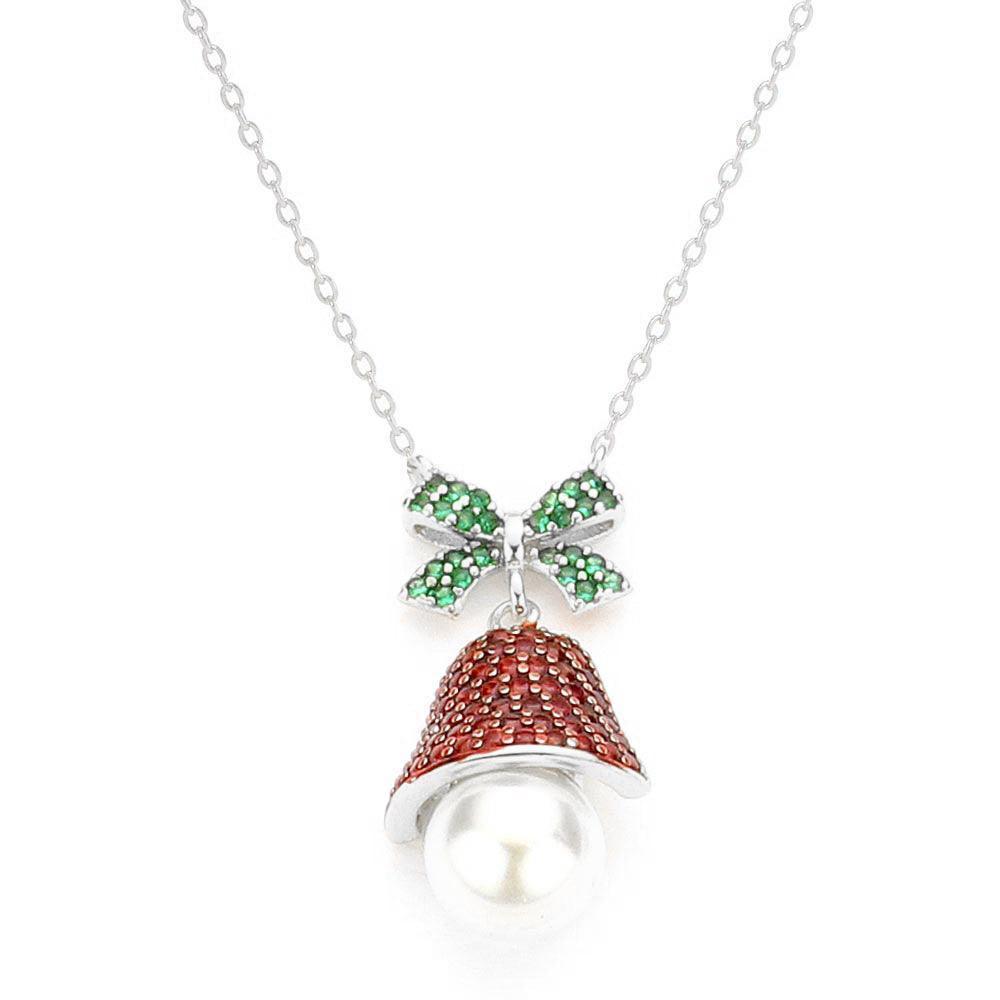 Gold White Gold Dipped Pearl CZ Jingle Bell Pendant Necklace - Jewelry Store by Erik Rayo