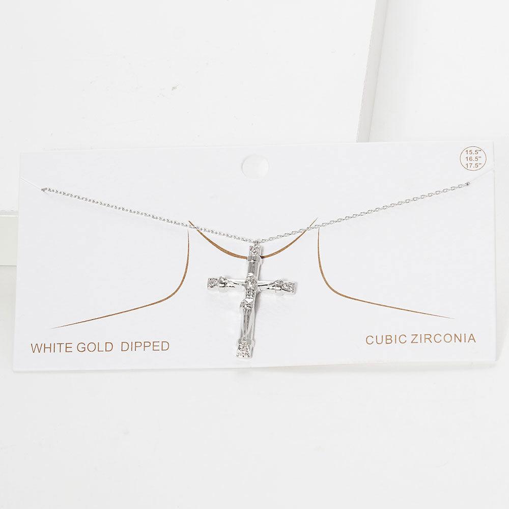 Gold White Gold Dipped CZ Embellished Jesus death on the Cross Pendant Necklace